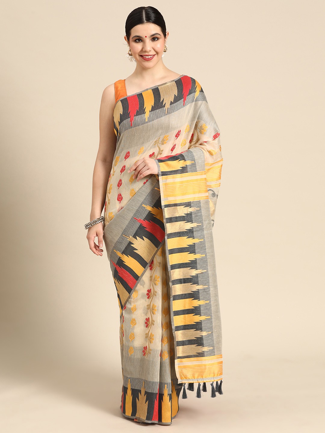

Silk Land Floral Phulkari Pure Cotton Jamdani Saree, Grey