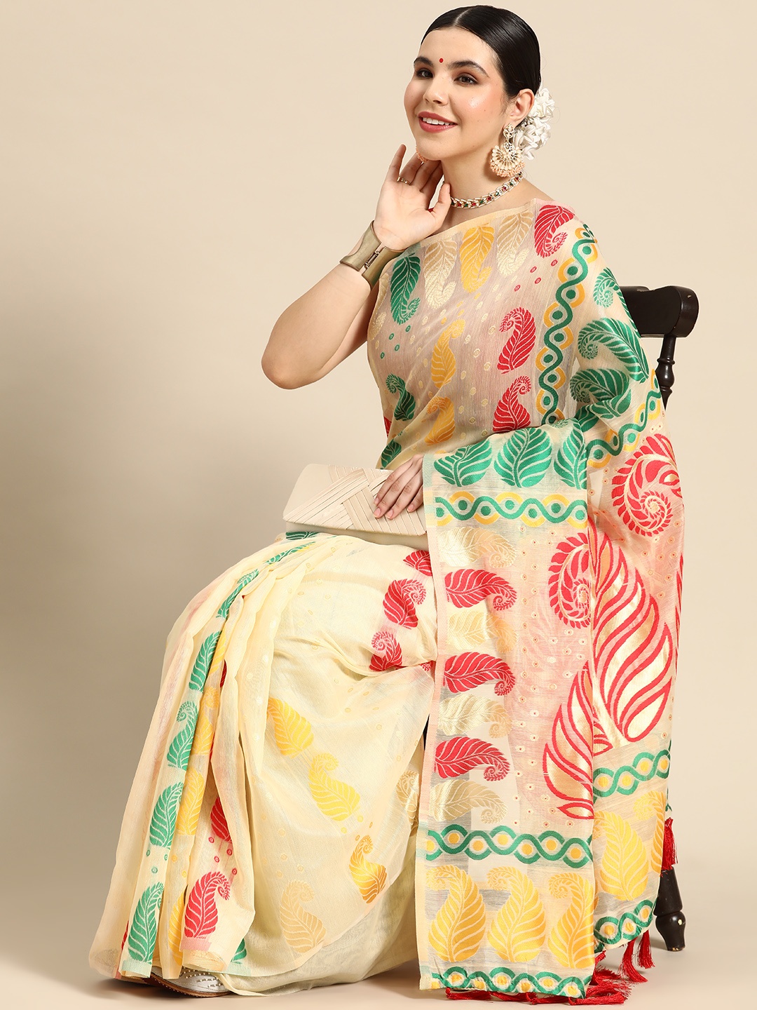 

Silk Land Paisley Phulkari Pure Cotton Jamdani Saree, Beige