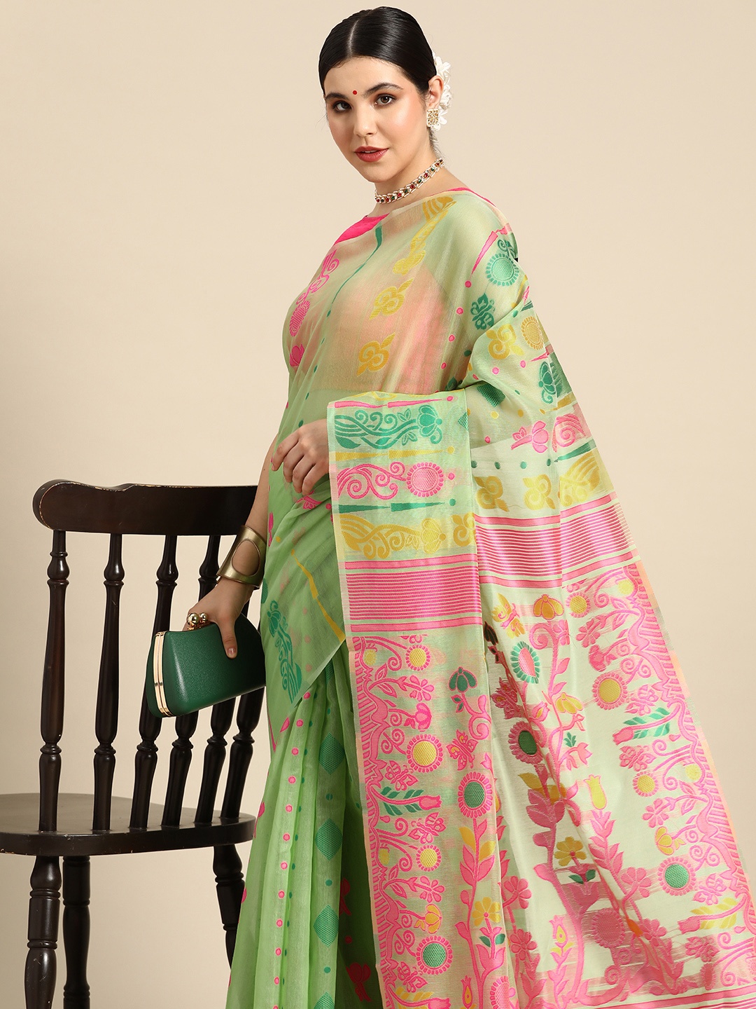 

Silk Land Floral Phulkari Pure Cotton Jamdani Saree, Green