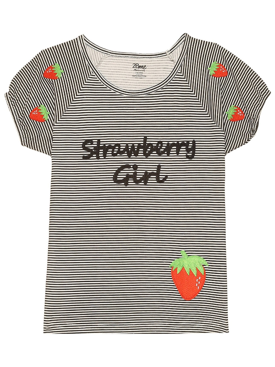 

2Bme Girls Striped Round-Neck Cotton T-shirt, White