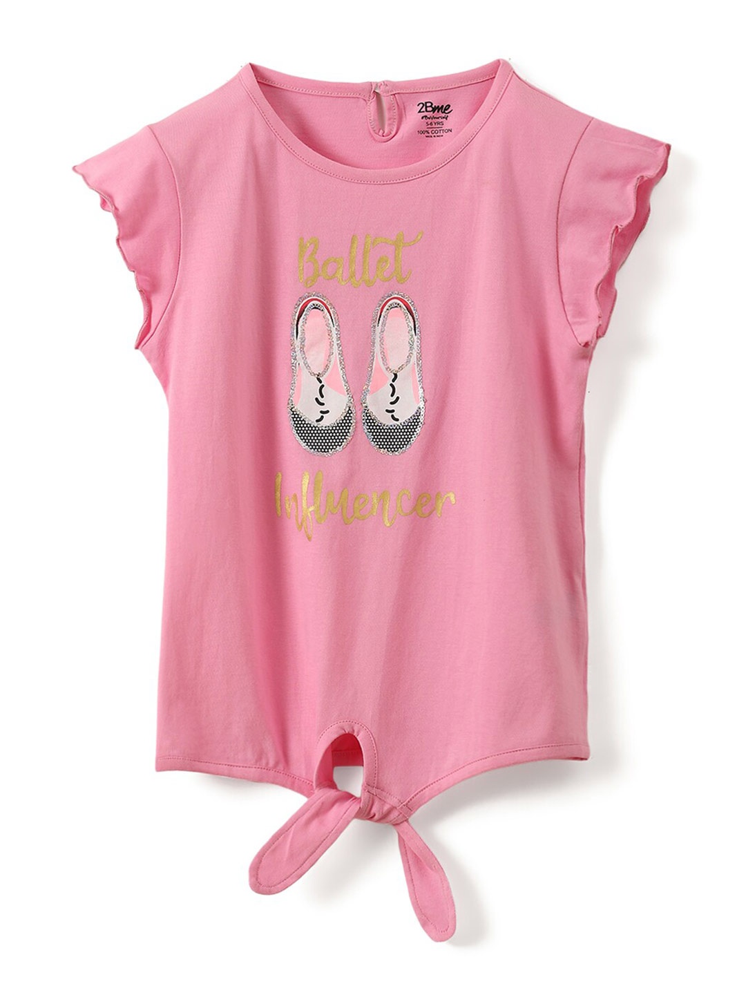 

2Bme Girls Graphic Printed Flutter Sleeves Cotton Top, Pink