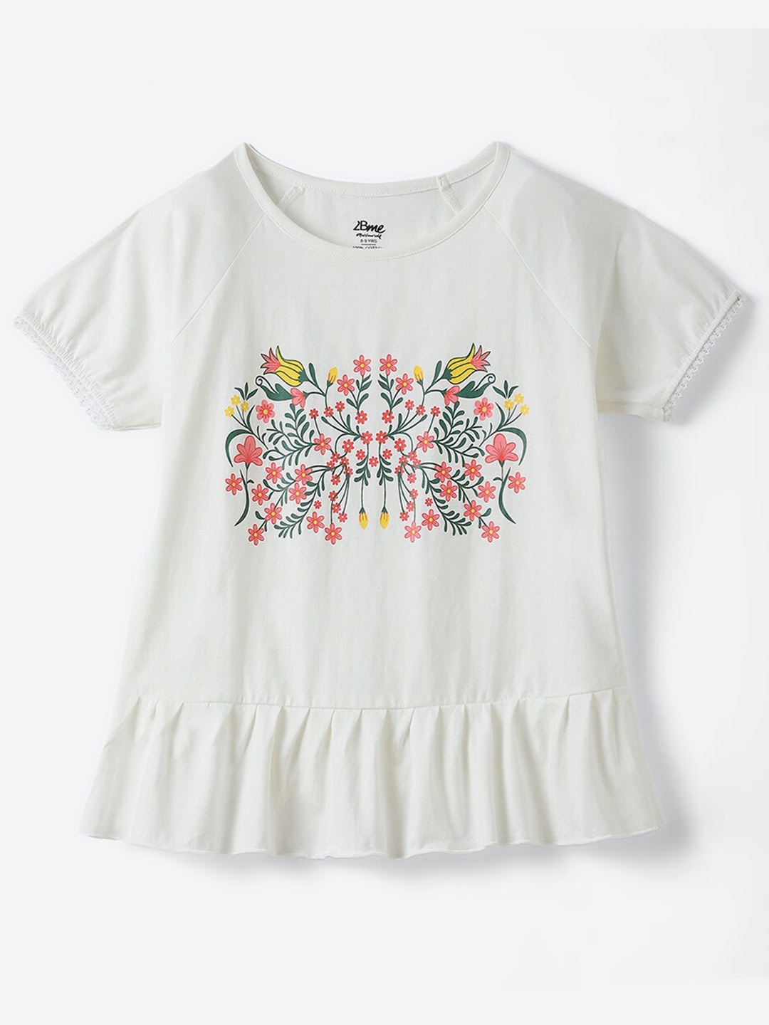 

2Bme Girls Floral Printed Short Sleeves Cotton Top, White