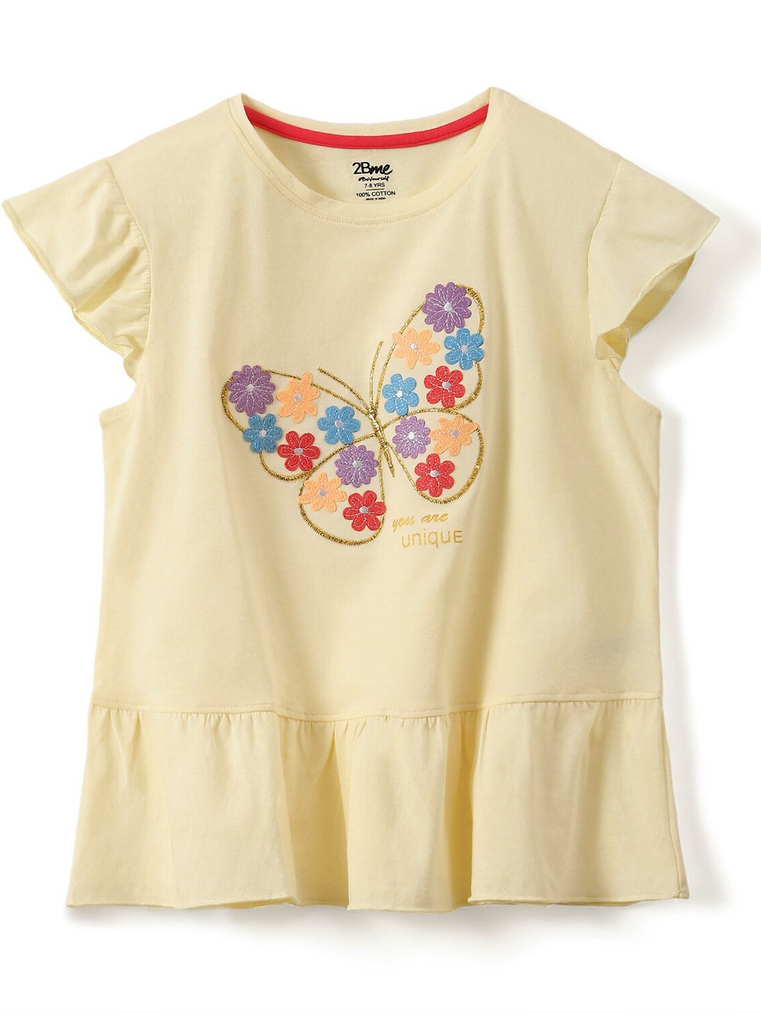 

2Bme Girls Floral Embroidered Short Sleeves Applique Cotton Top, Yellow