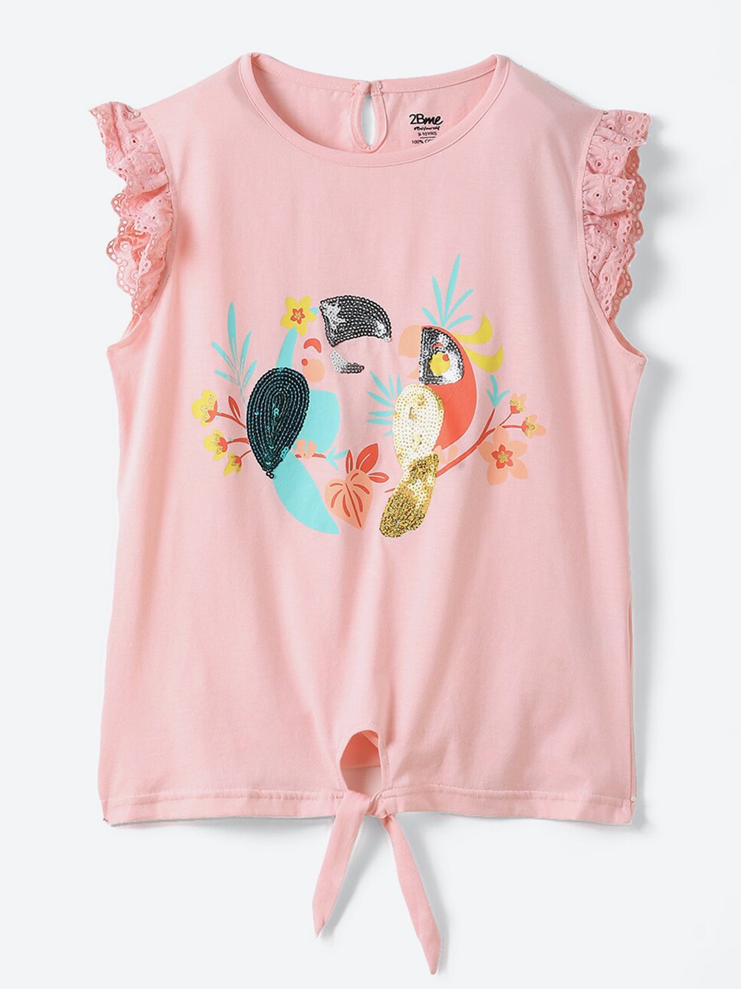 

2Bme Girls Printed Sequinned Cotton T-shirt, Pink