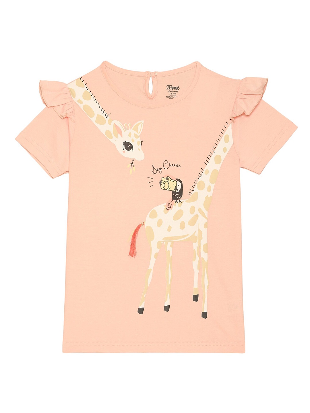 

2Bme Girls Graphic Printed Regular Fit Cotton T-shirt, Peach