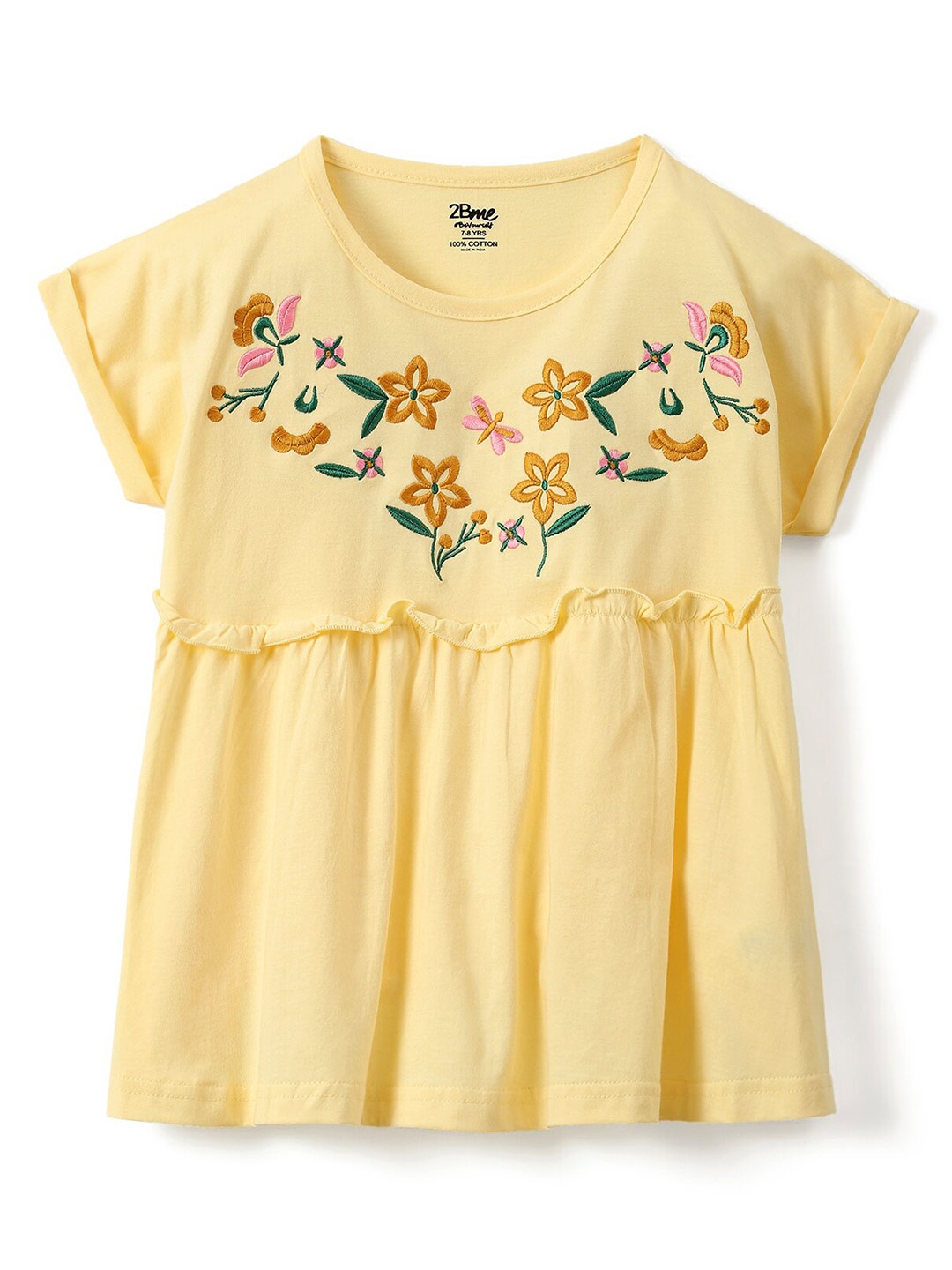 

2Bme Girls Floral Embroidered Extended Sleeves Cotton Empire Top, Yellow