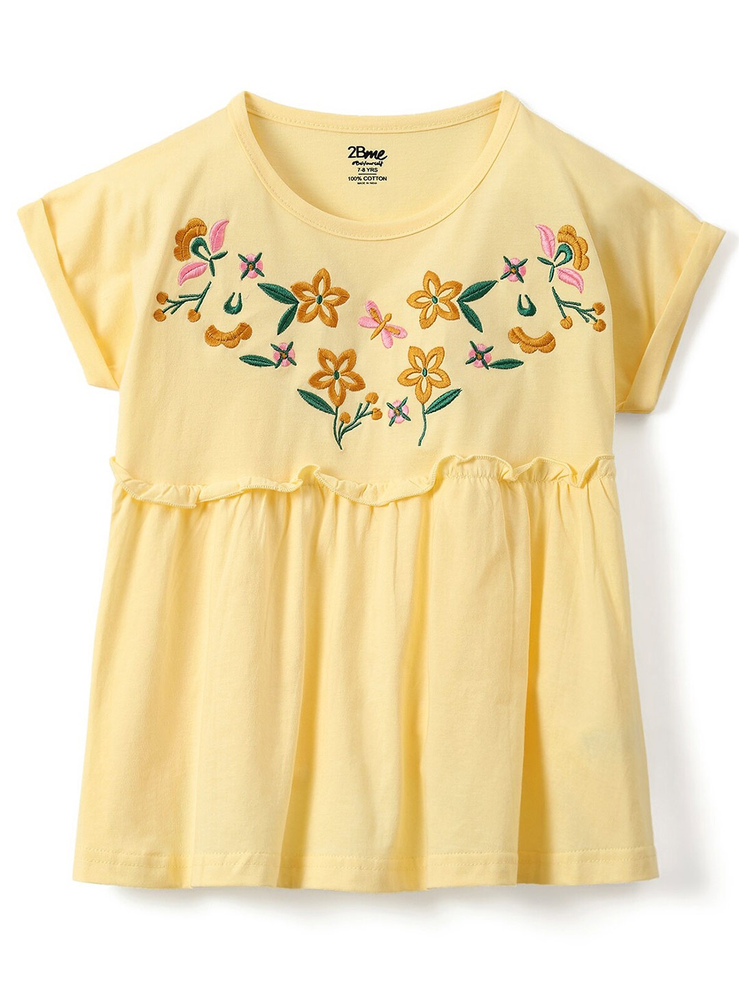

2Bme Girls Floral Embroidered Extended Sleeves Cotton Empire Top, Yellow