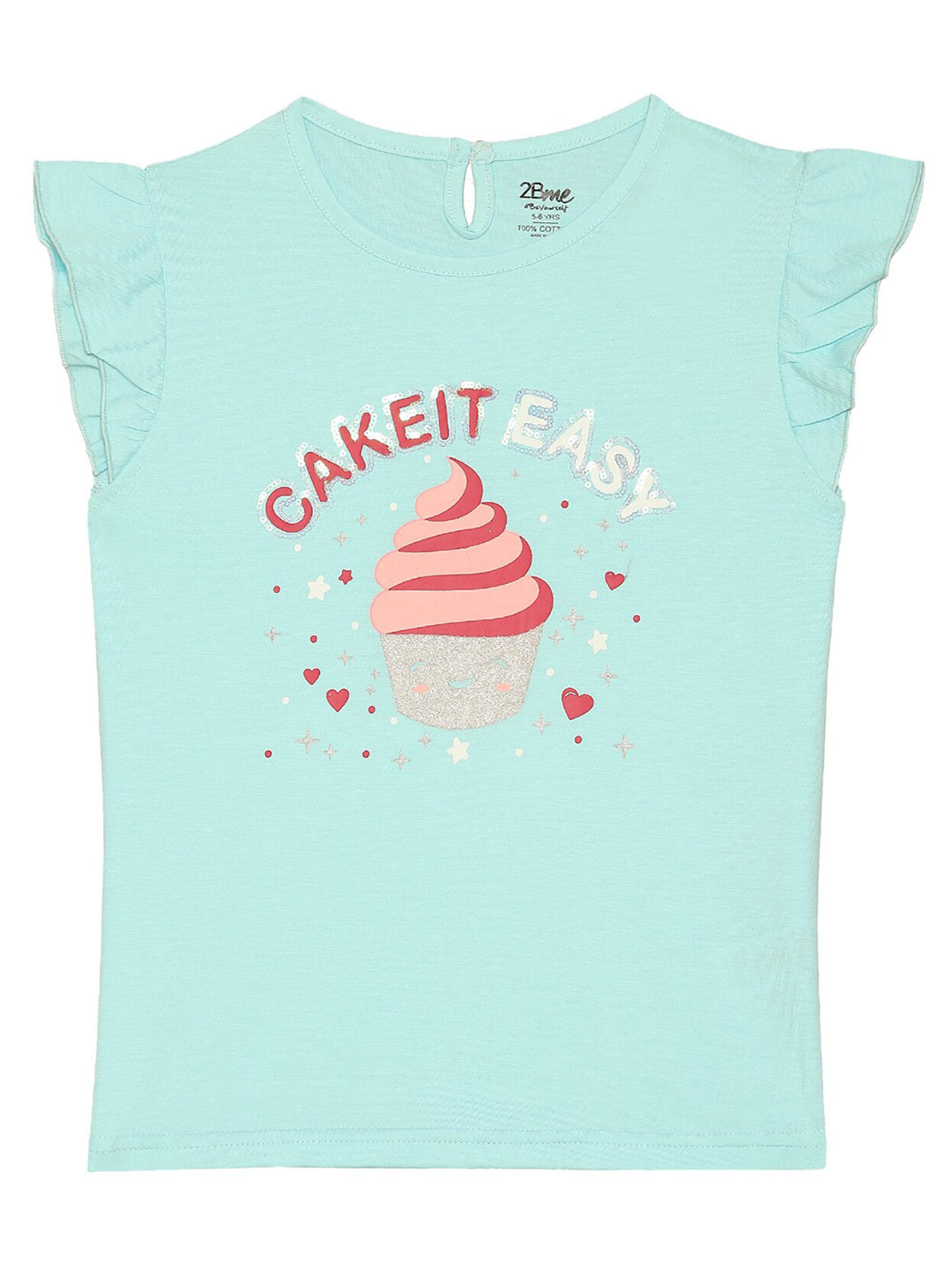 

2Bme GirlsTypography Printed Cotton T-shirt, Turquoise blue