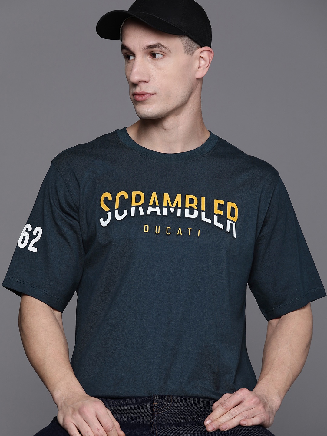 

Ducati Typography Printed Pure Cotton T-shirt, Navy blue