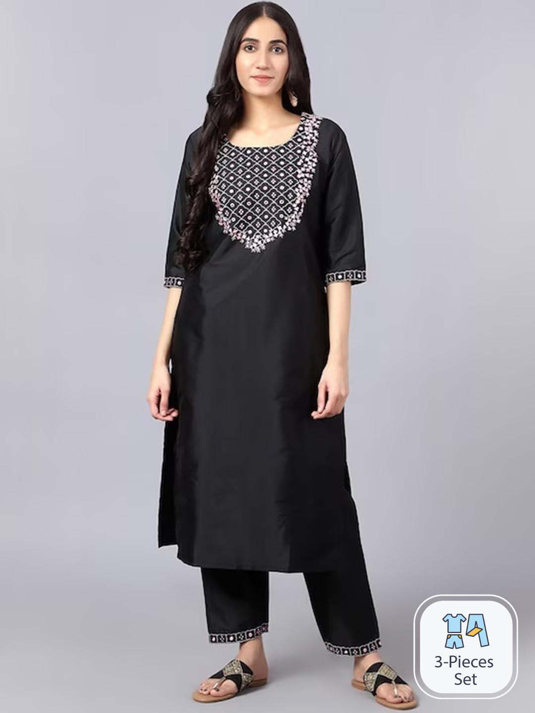 

KALINI Ethnic Motifs Yoke Design Mirror Work Kurta with Trousers & Dupatta, Black