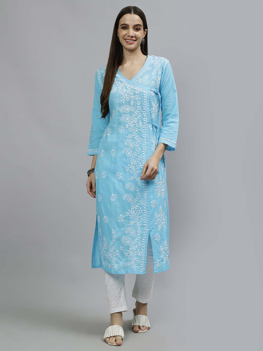 

Seva Chikan Ethnic Motifs Embroidered Chikankari Kurta, Blue