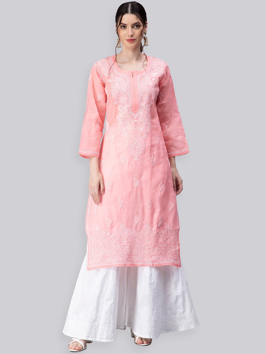 

Seva Chikan Ethnic Motifs Embroidered Straight Chikankari Kurta, Peach