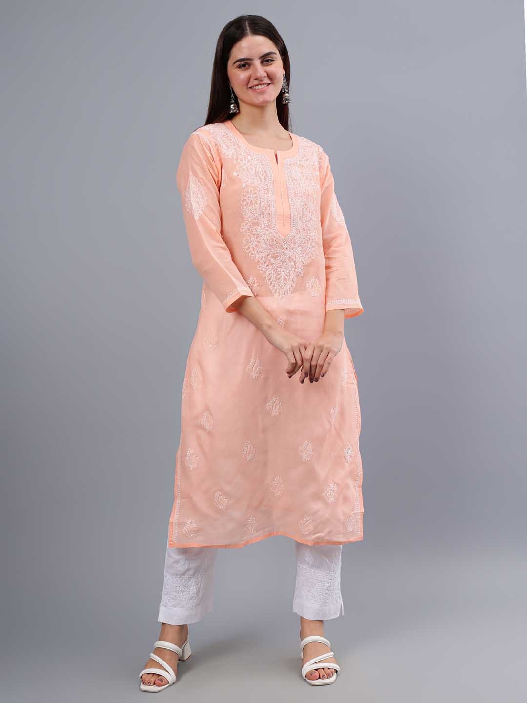 

Seva Chikan Ethnic Motifs Embroidered Chikankari Kurta, Peach