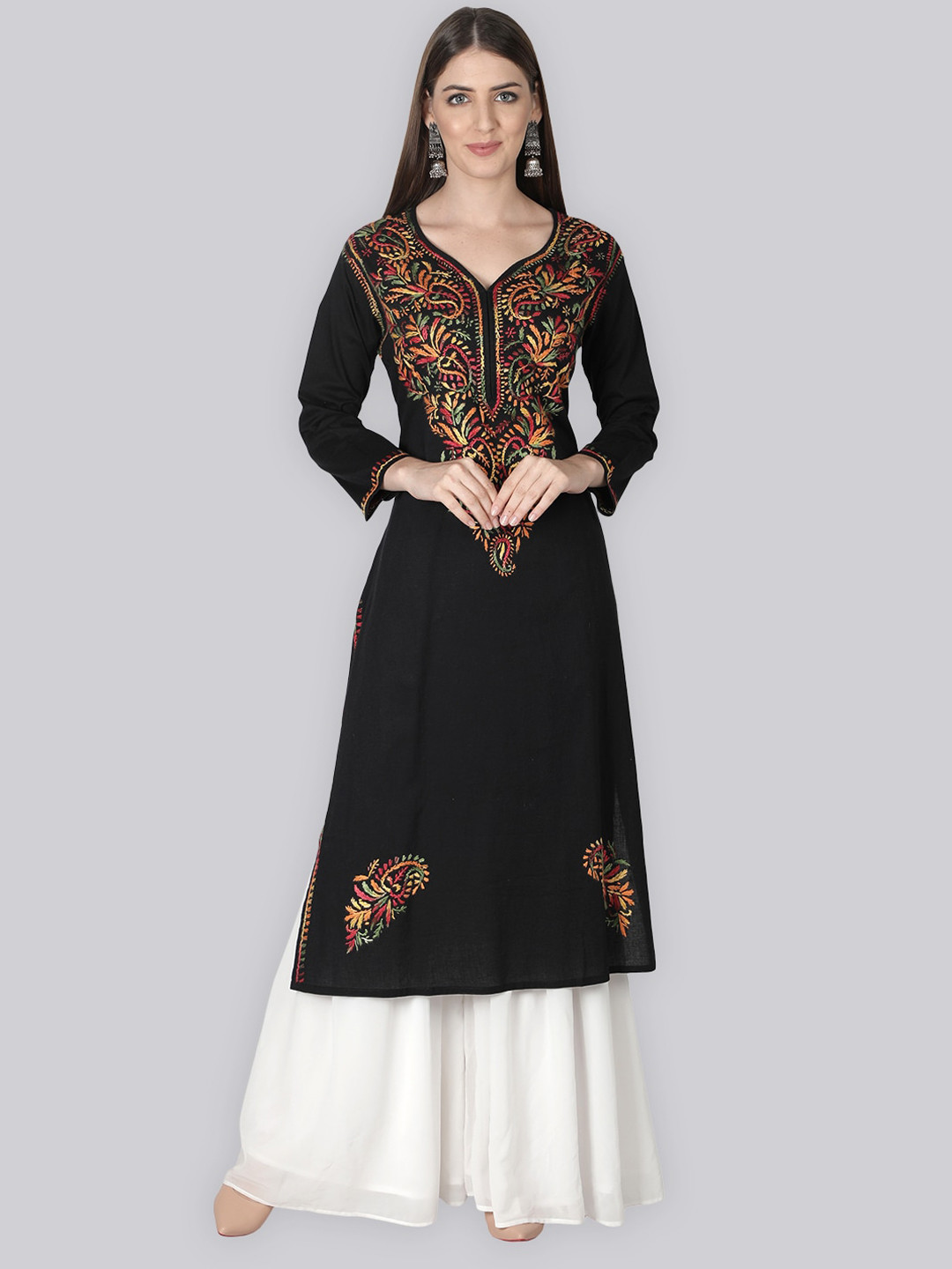 

Seva Chikan Floral Embroidered Chikankari Straight Kurta, Black