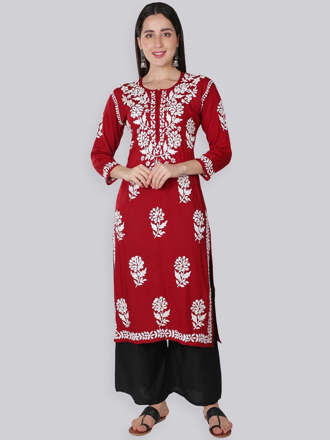 

Seva Chikan Ethnic Motifs Embroidered Chikankari Kurta, Red