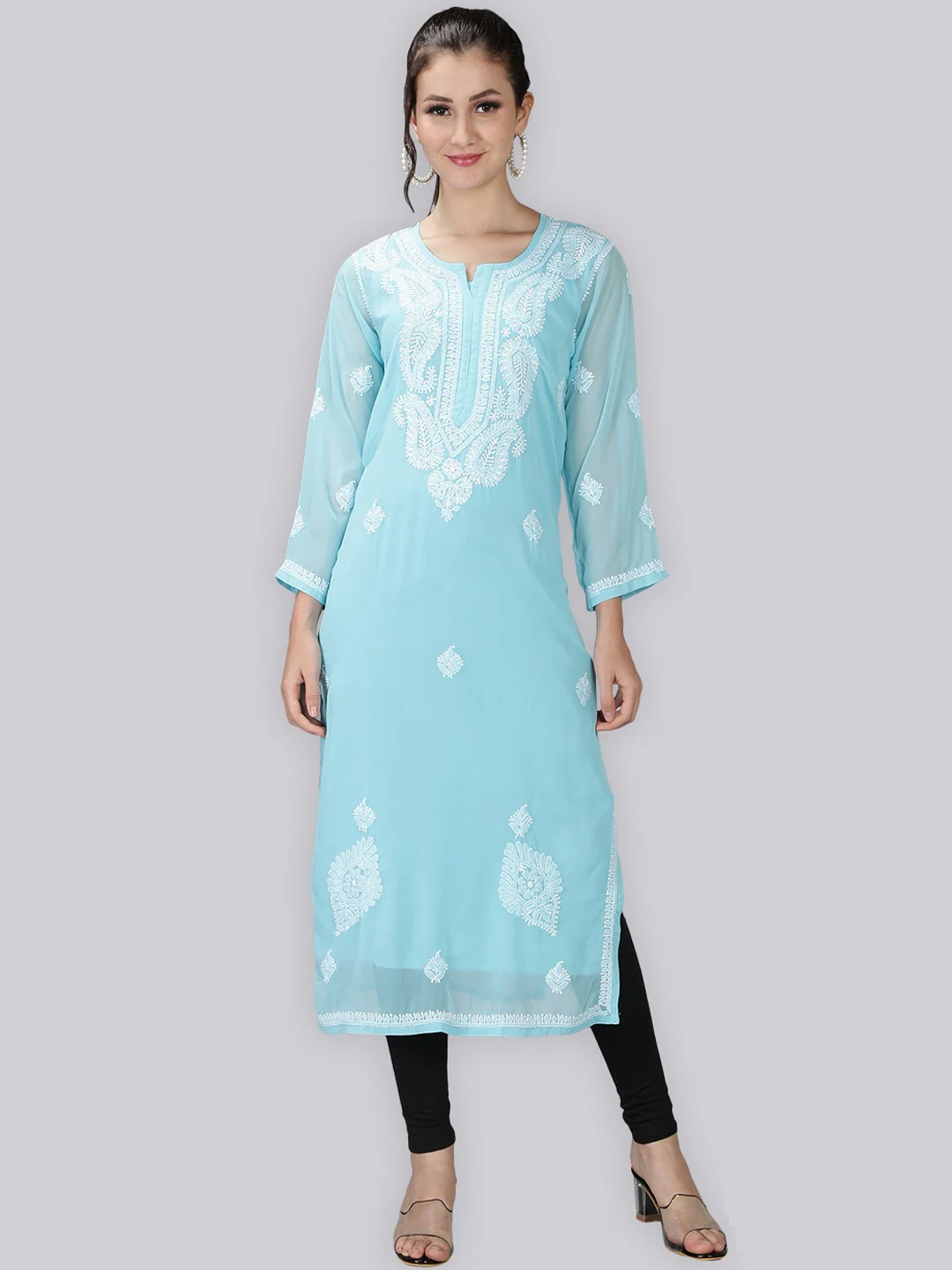 

Seva Chikan Ethnic Motifs Embroidered Chikankari Straight Kurta With Slip, Blue