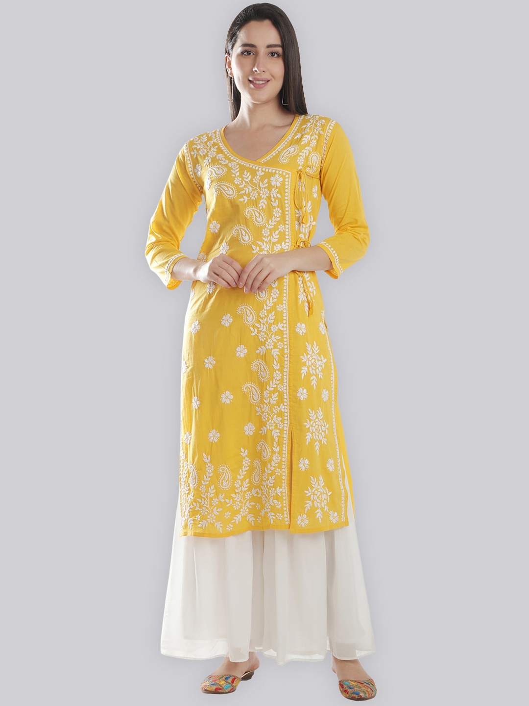 

Seva Chikan Ethnic Motifs Embroidered Chikankari Kurta, Yellow