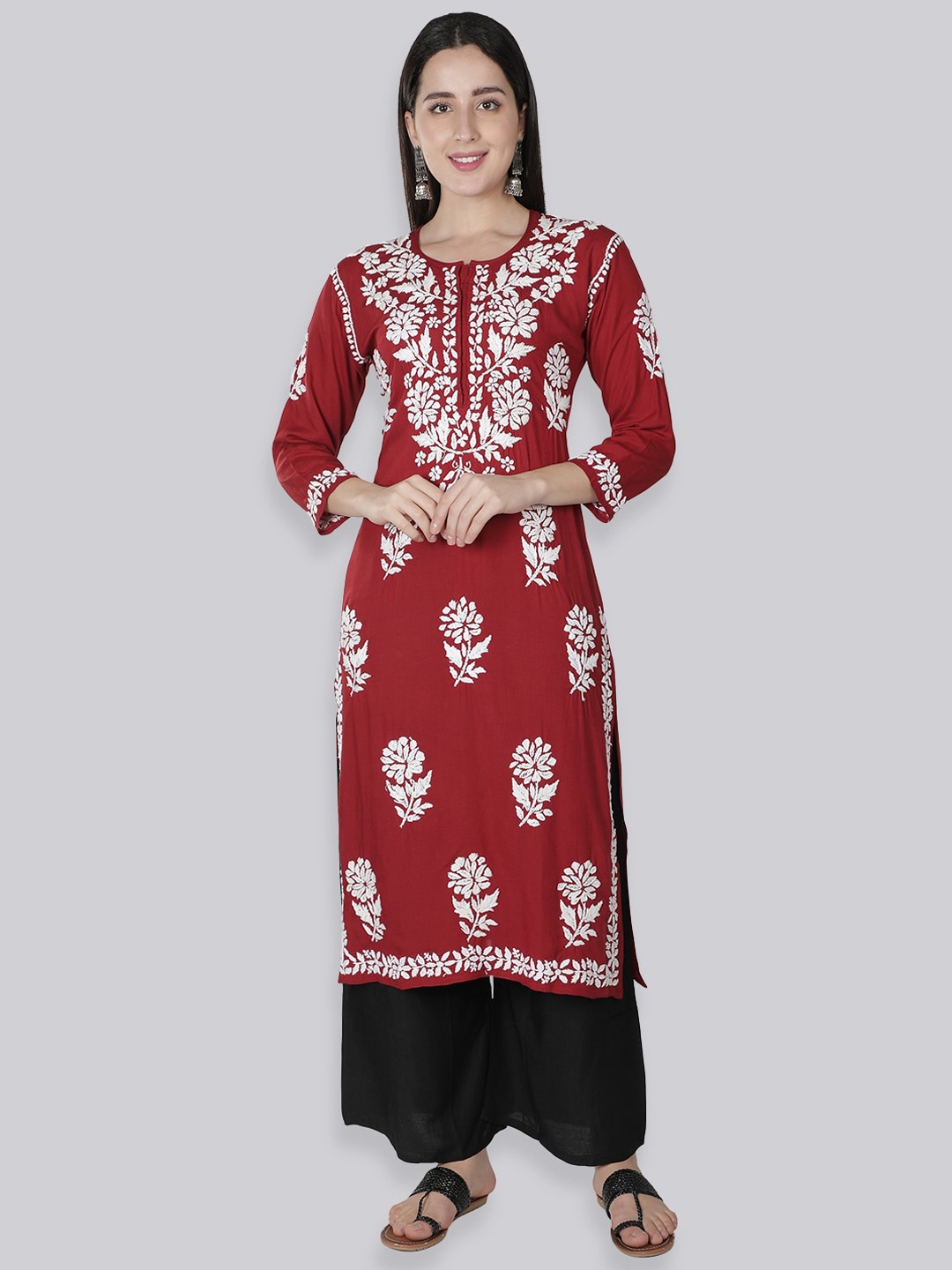 

Seva Chikan Ethnic Motifs Embroidered Chikankari Kurta, Maroon