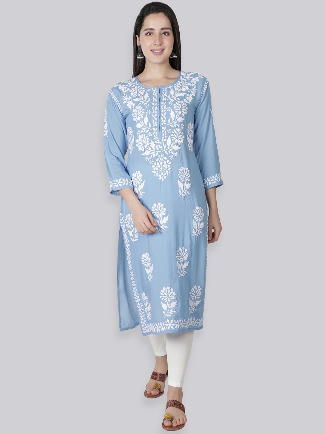 

Seva Chikan Ethnic Motifs Embroidered Chikankari Modal Kurta, Blue