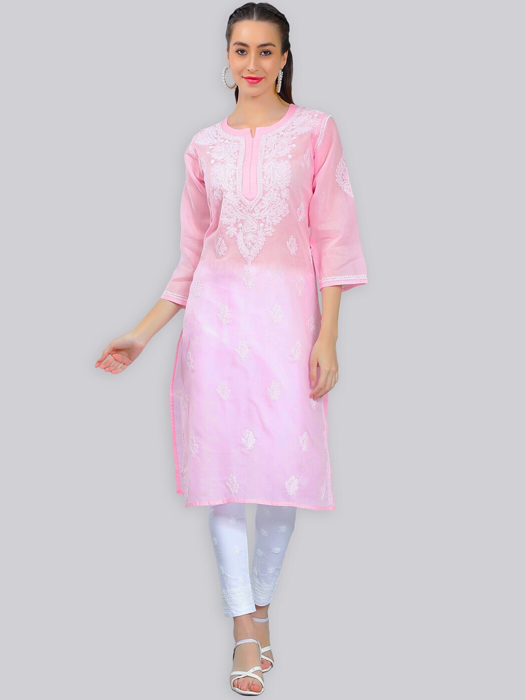 

Seva Chikan Floral Embroidered Chikankari Kurta, Pink