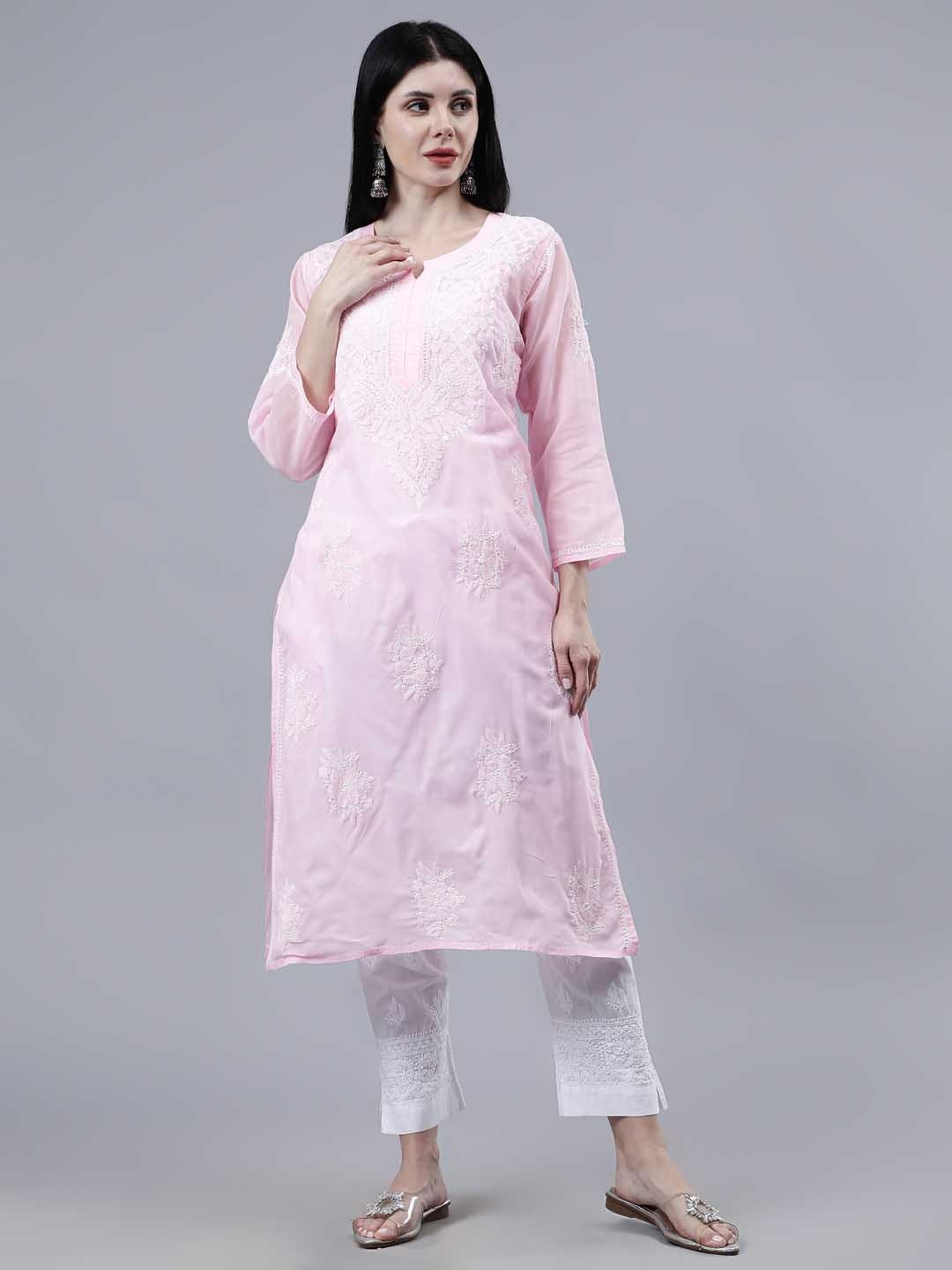 

Seva Chikan Ethnic Motifs Embroidered Chikankari Kurta, Pink