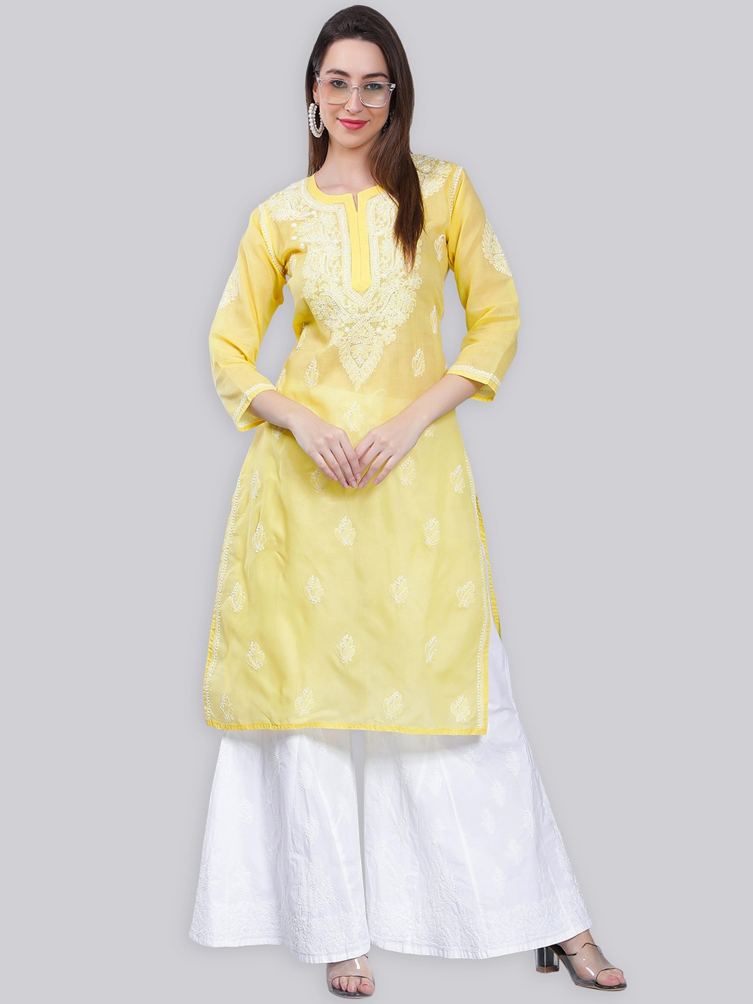 

Seva Chikan Ethnic Motifs Embroidered Chikankari Kurta, Yellow