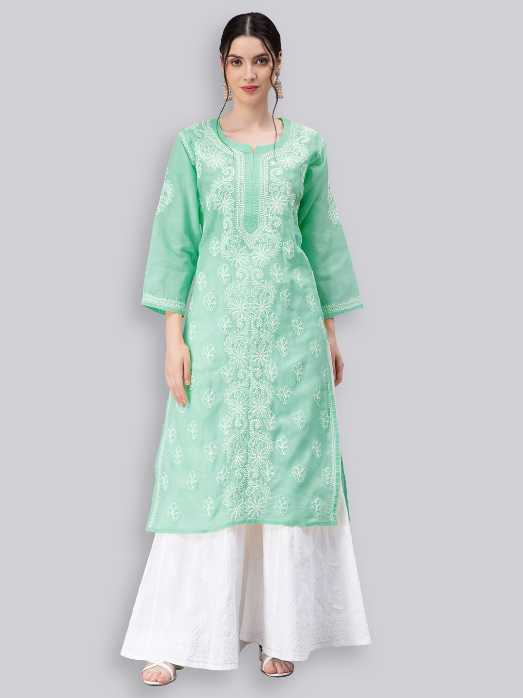 

Seva Chikan Ethnic Motifs Embroidered Chikankari Kurta, Sea green