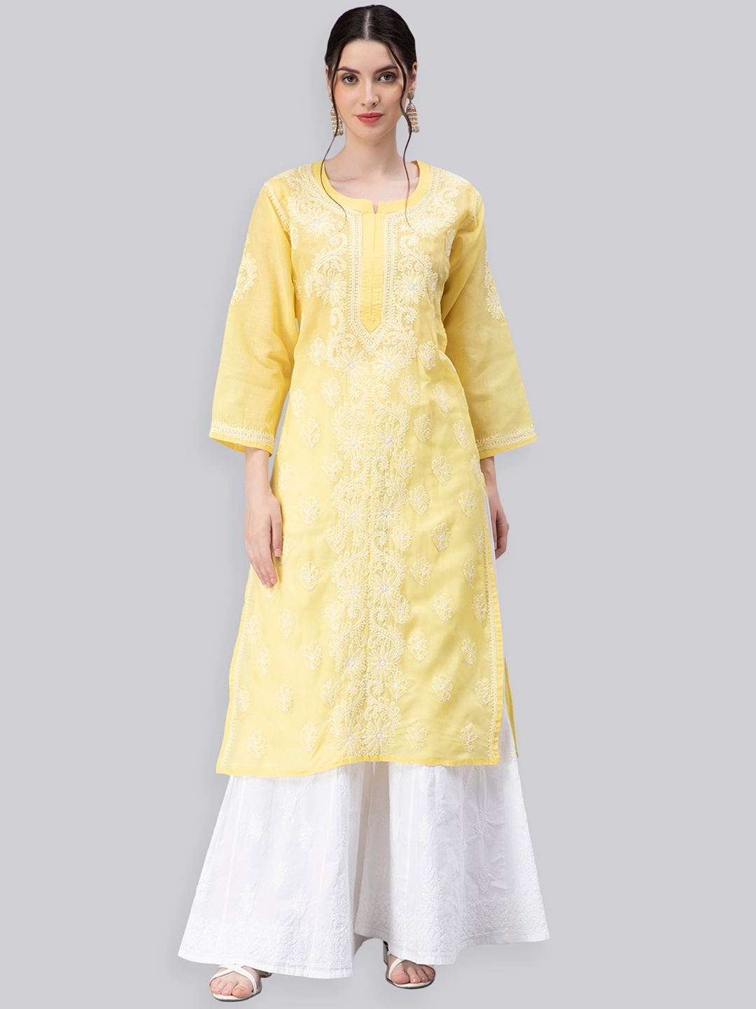 

Seva Chikan Ethnic Motifs Embroidered Chikankari Kurta, Yellow