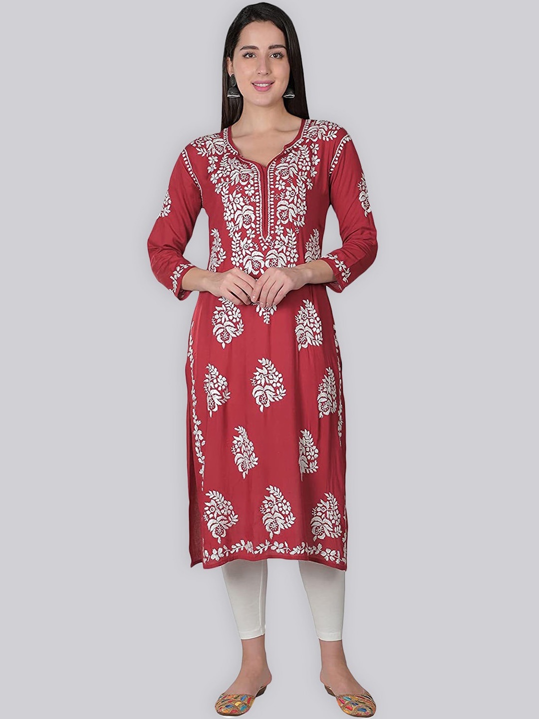 

Seva Chikan Ethnic Motifs Embroidered Chikankari Modal Kurta, Red