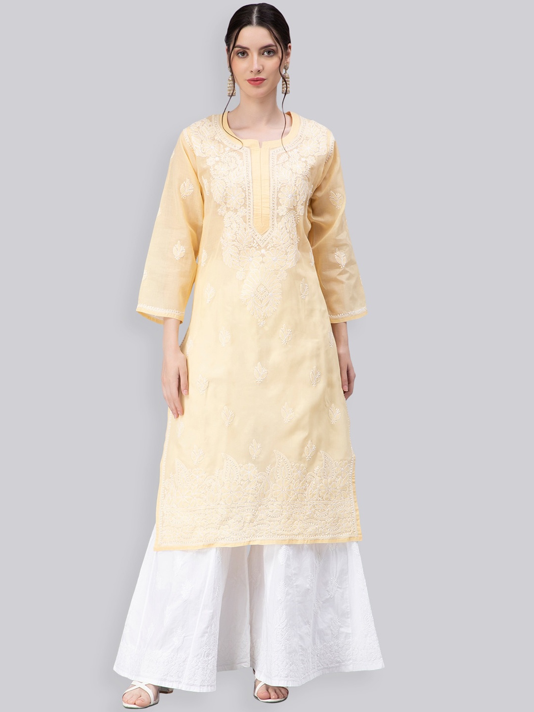 

Seva Chikan Floral Embroidered Chikankari Kurta, Beige