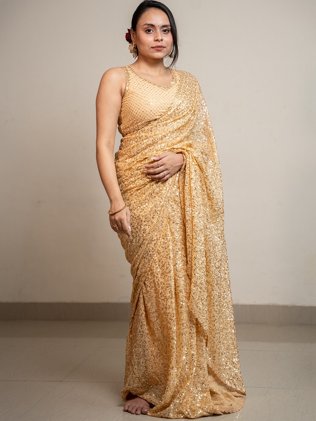 

Zeel Clothing Sequinned Embellished Pure Georgette Saree, Beige