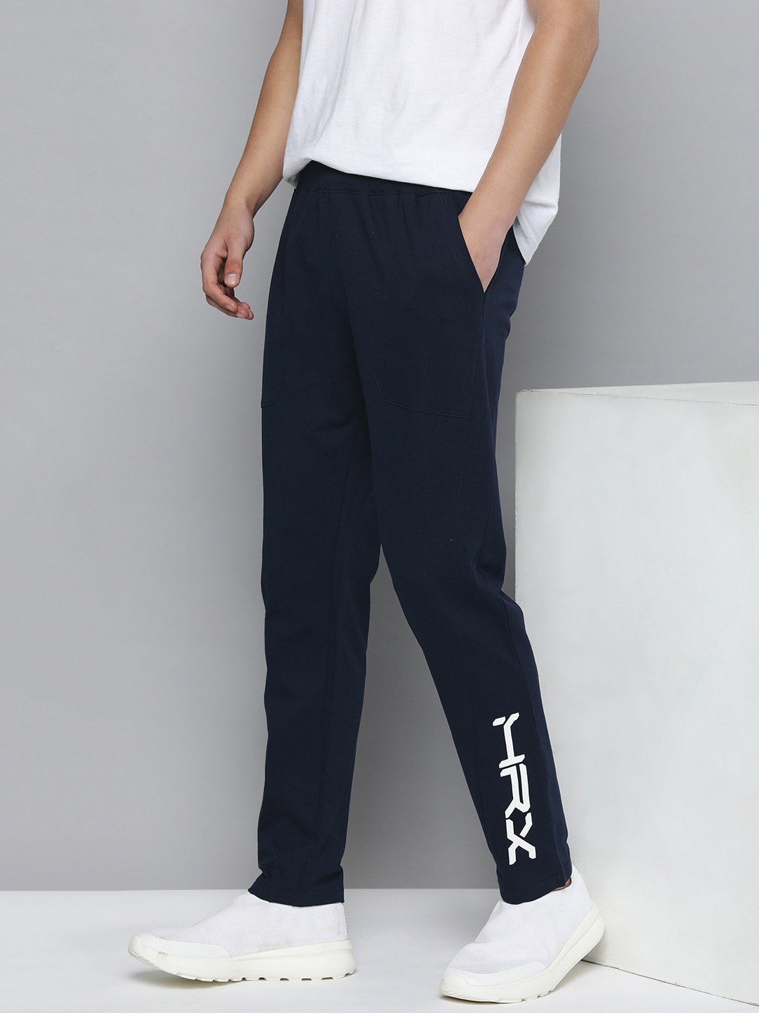 

HRX by Hrithik Roshan Men Brand Logo Printed Cotton Track Pants, Navy blue