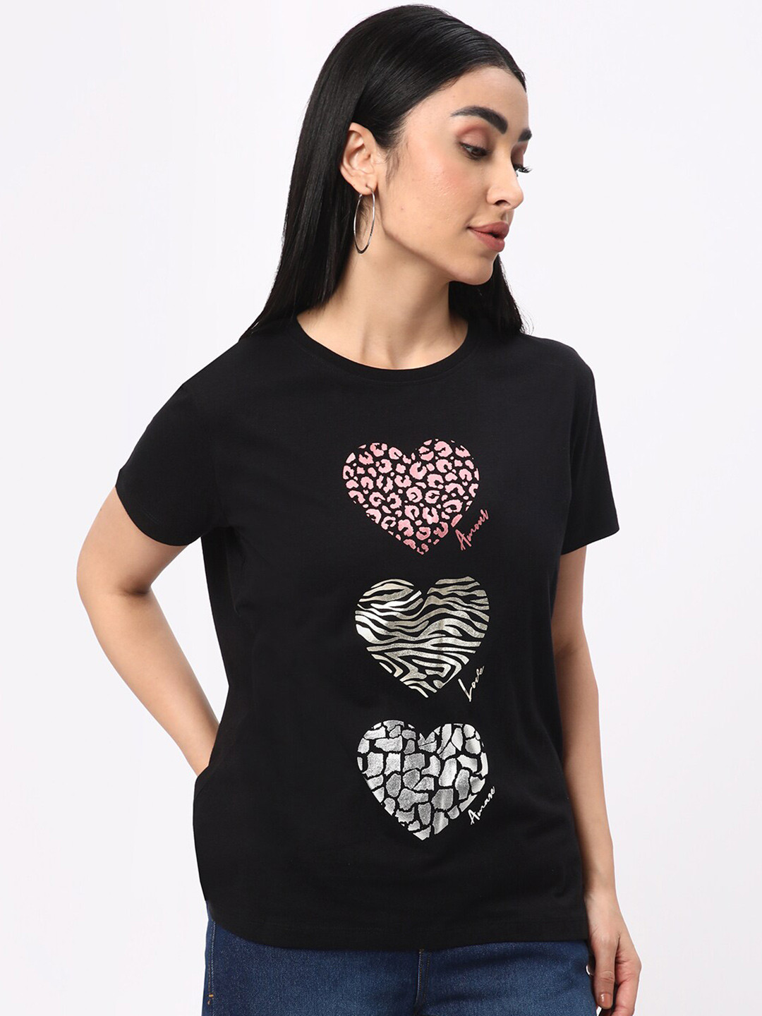 

R&B Graphic Printed Round Neck Cotton T-shirt, Black