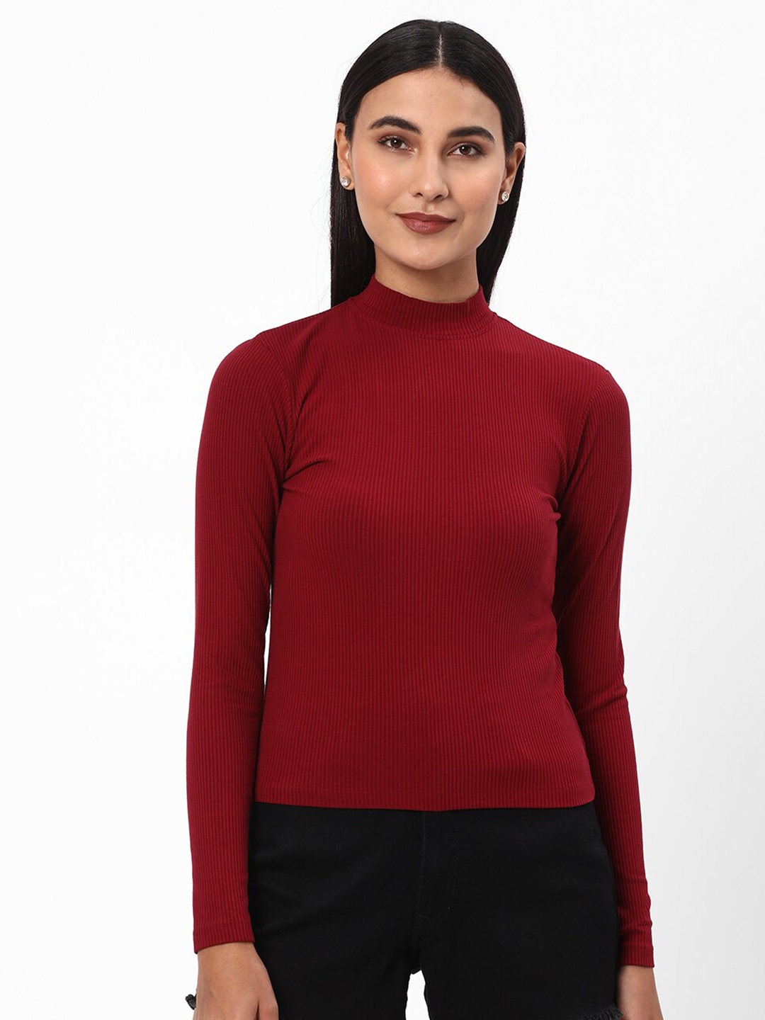 

R&B Vertical Striped High Neck Fitted Top, Maroon