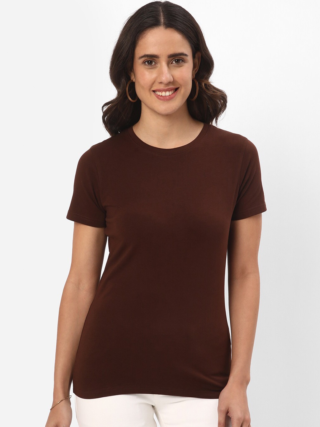 

R&B Round Neck Short Sleeves Cotton T-shirt, Brown