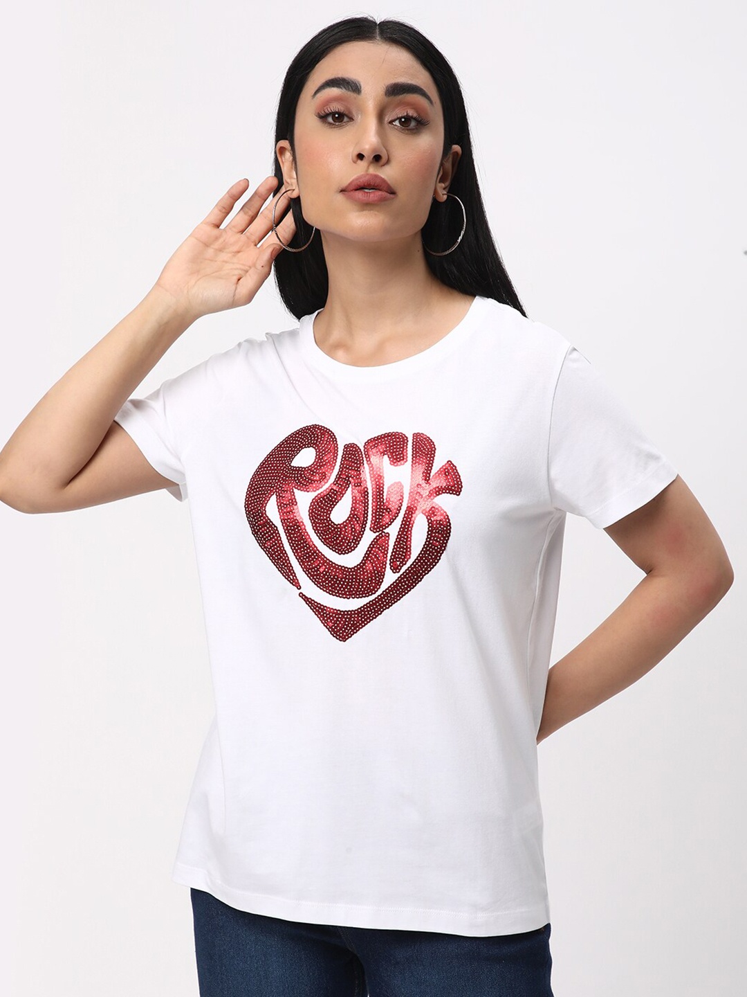 

R&B Self Design Embellished Cotton T-shirt, White