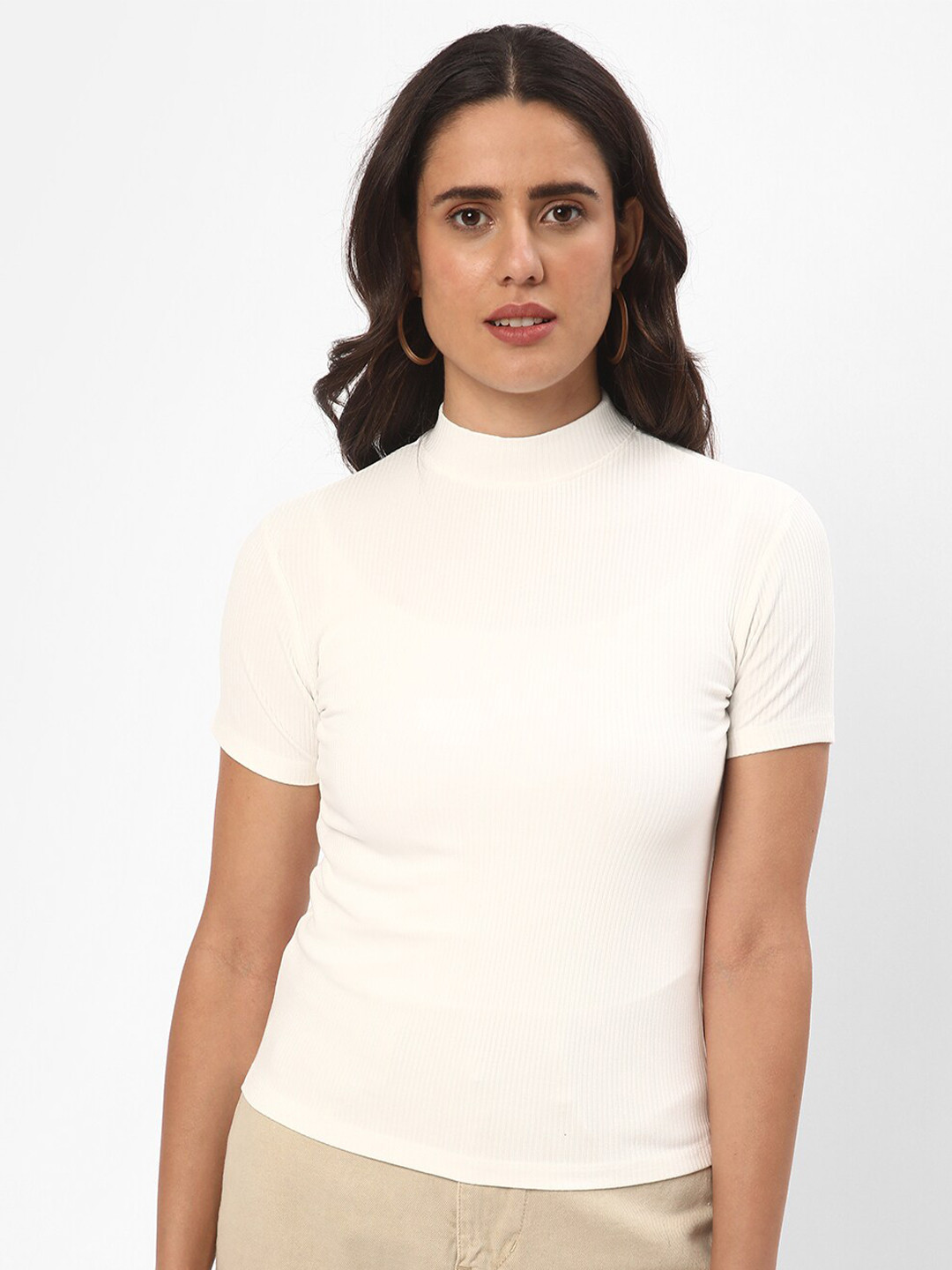 

R&B Self Design High Neck Cotton Regular T-shirt, White