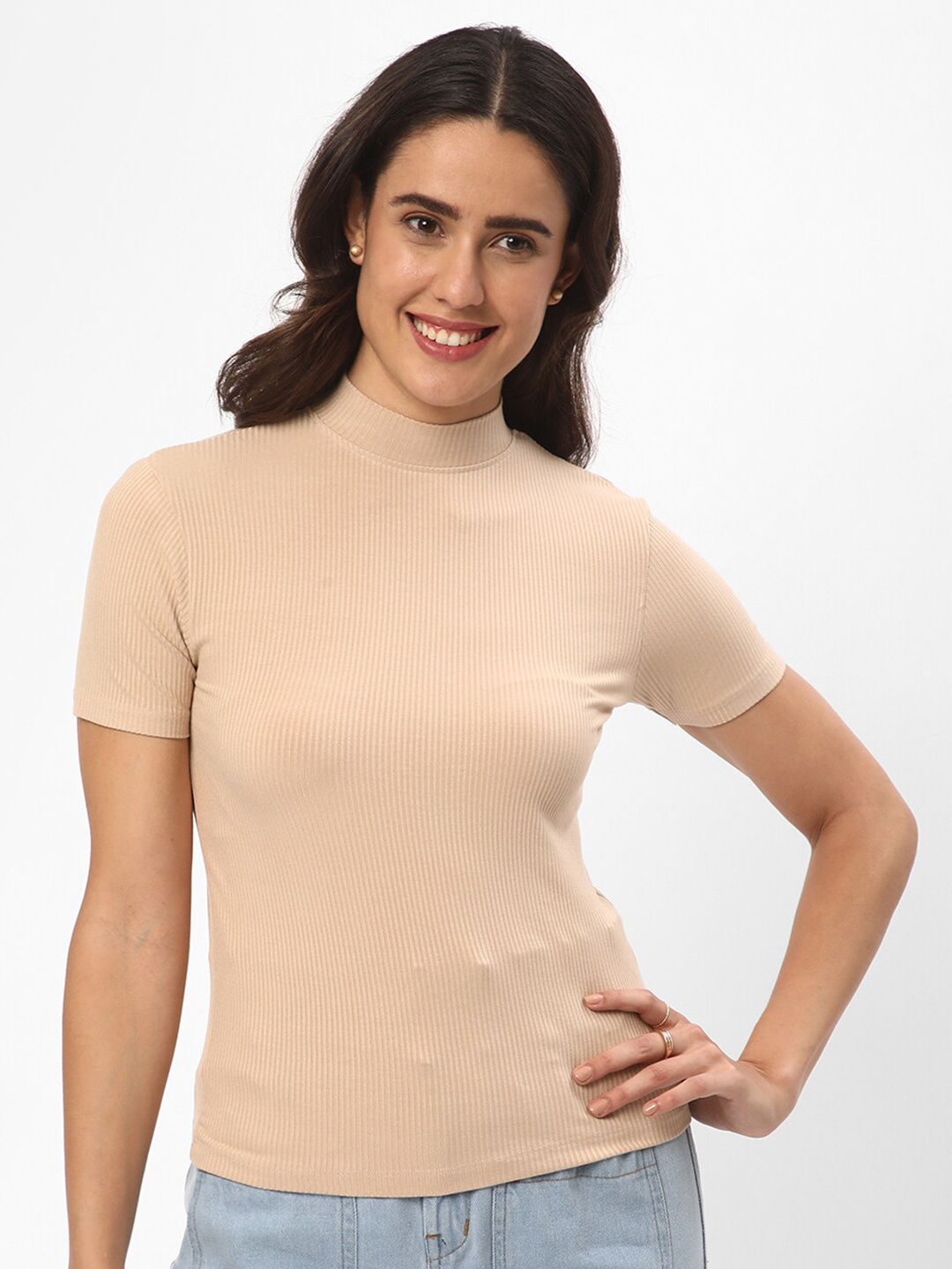 

R&B Self Design High Neck Top, Beige