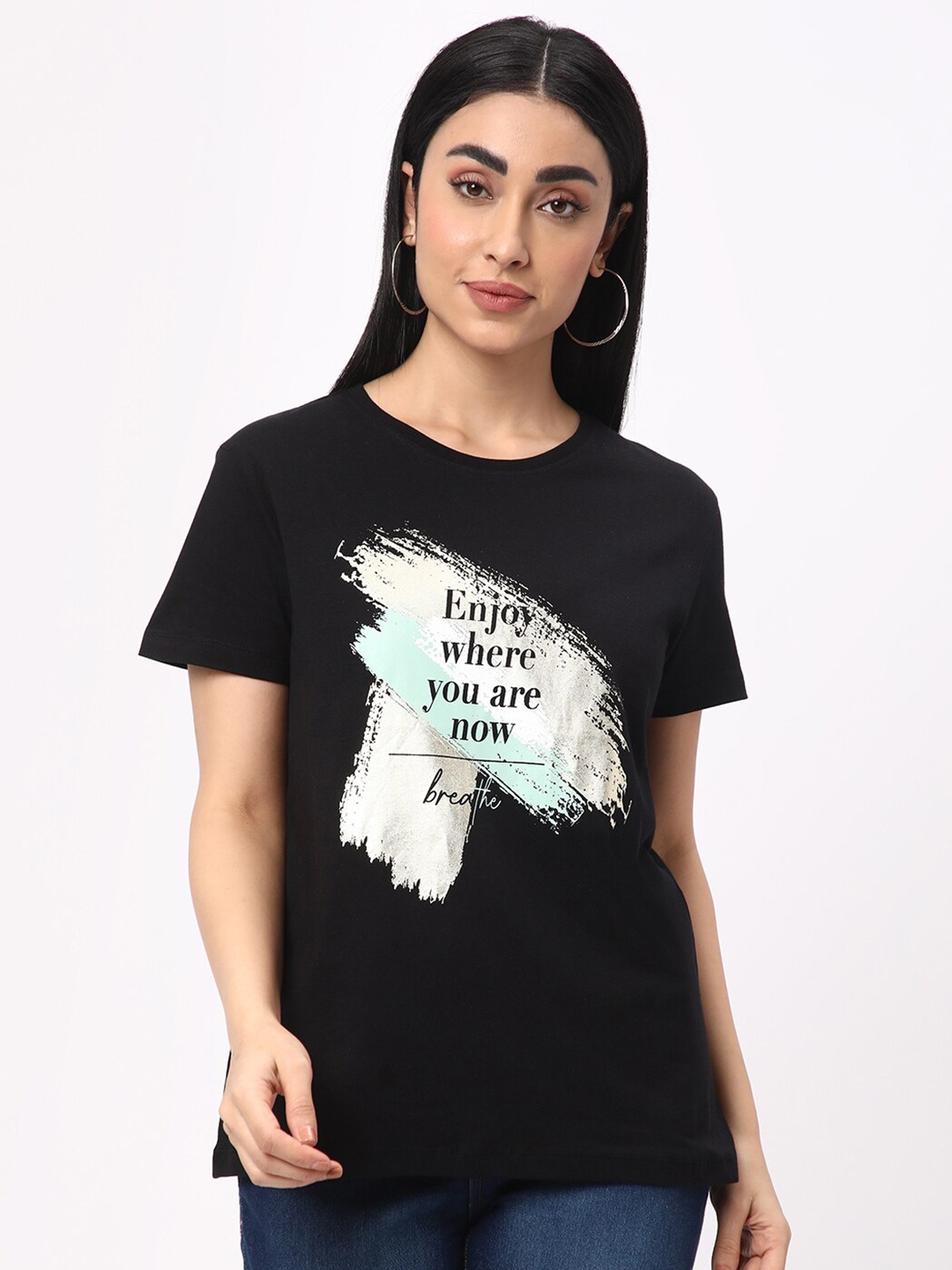 

R&B Typography Printed Round Neck Cotton T-shirt, Black