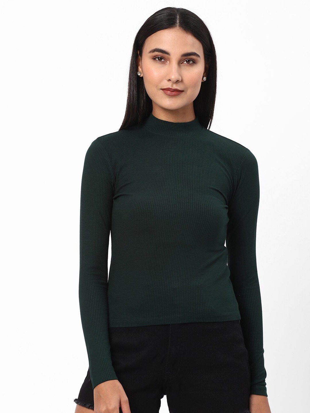 

R&B High Neck Long Sleeves Casual T-shirt, Green