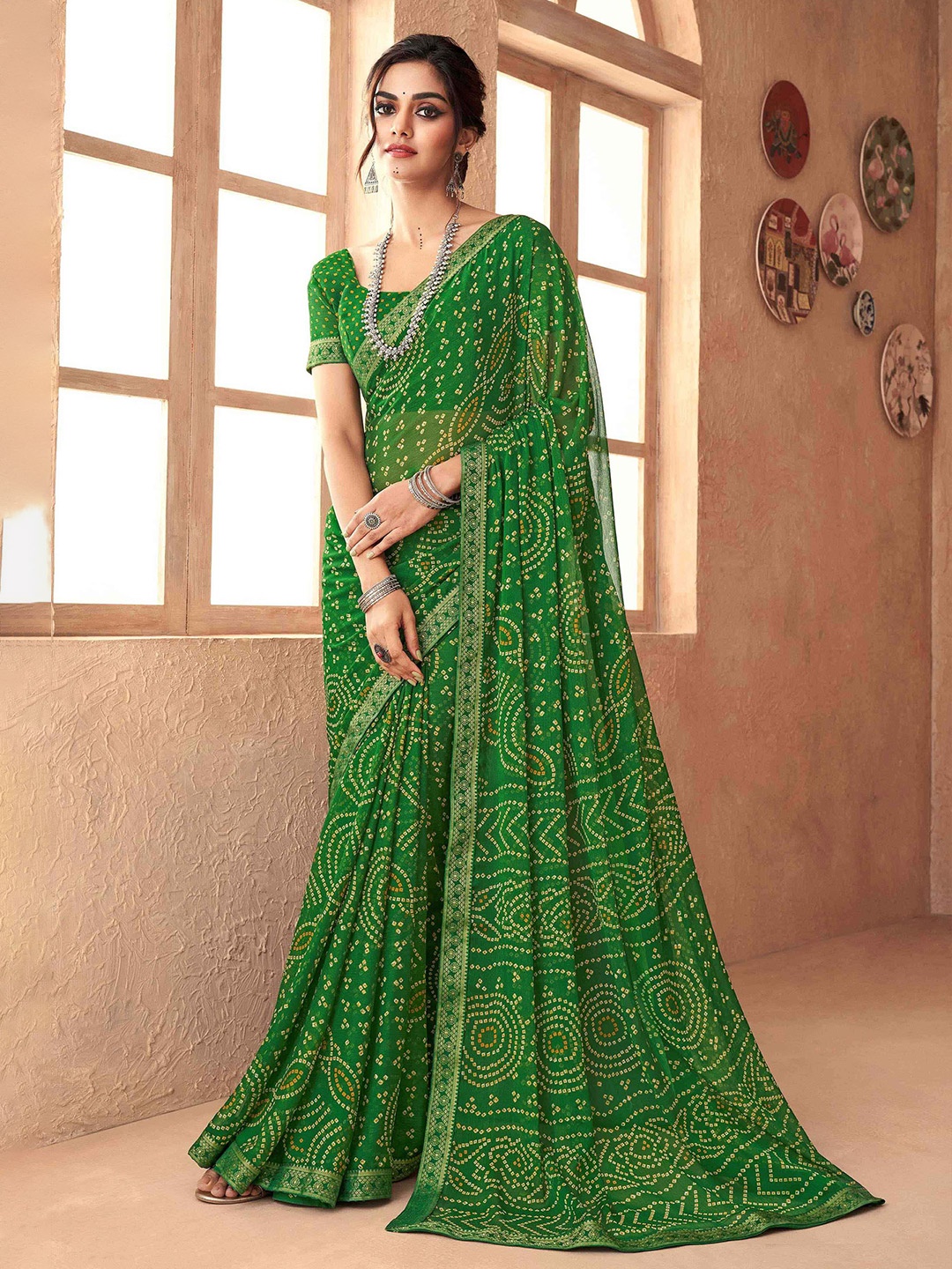 

Mitera Green & Yellow Bandhani Printed Saree