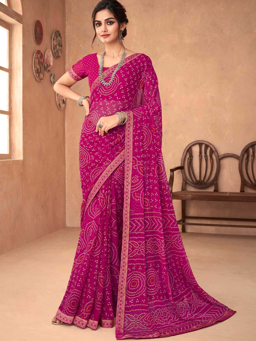 

Mitera Pink & Cream-Coloured Bandhani Printed Saree