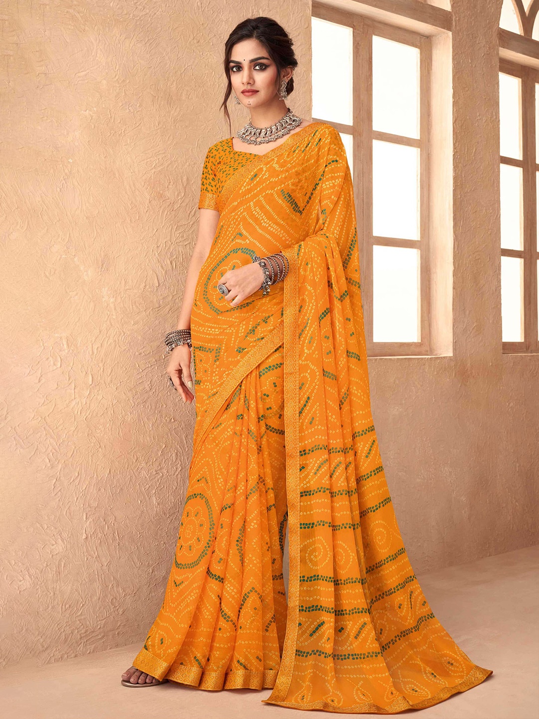 

Mitera Yellow & Green Bandhani Printed Zari Saree