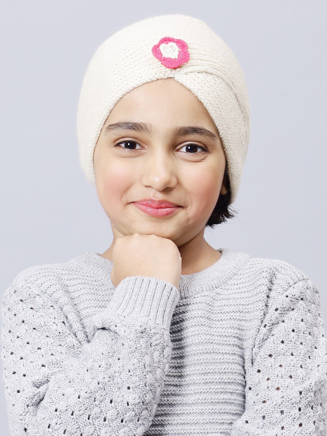 

Bharatasya Girls Self Design Woollen Beanie, Off white