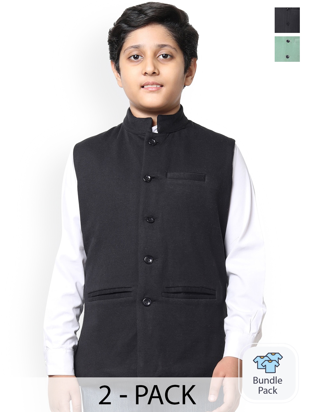 

IndiWeaves Boys Pack Of 2 Mandarin Collar Fleece Nehru Jacket, Black