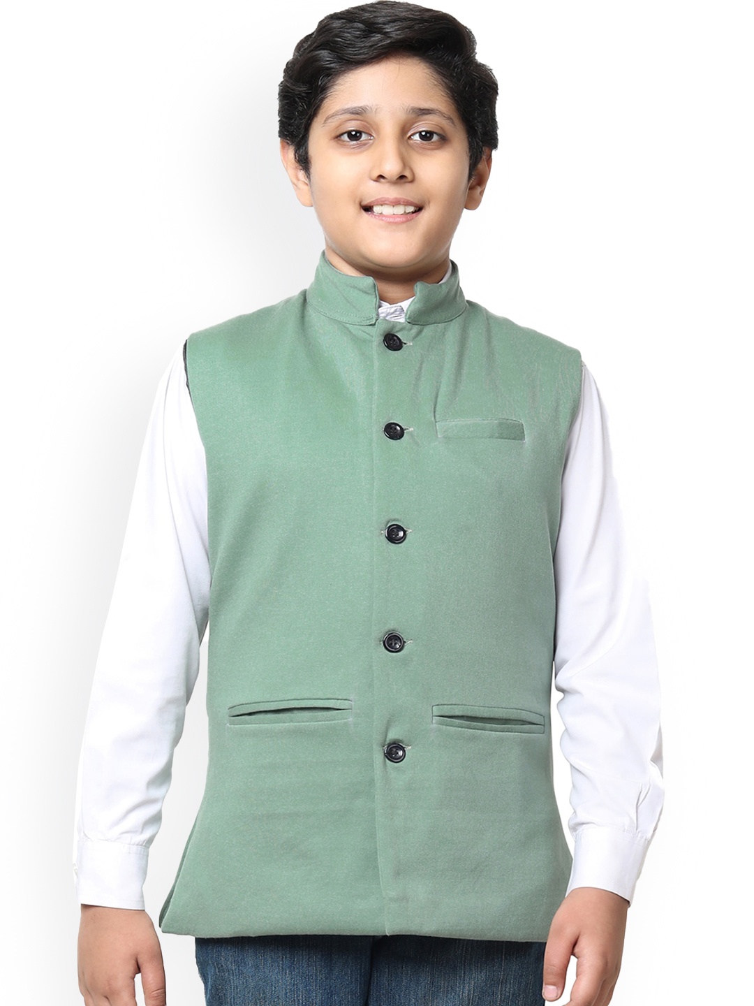 

IndiWeaves Boys Mandarin Collar Nehru Jacket, Green