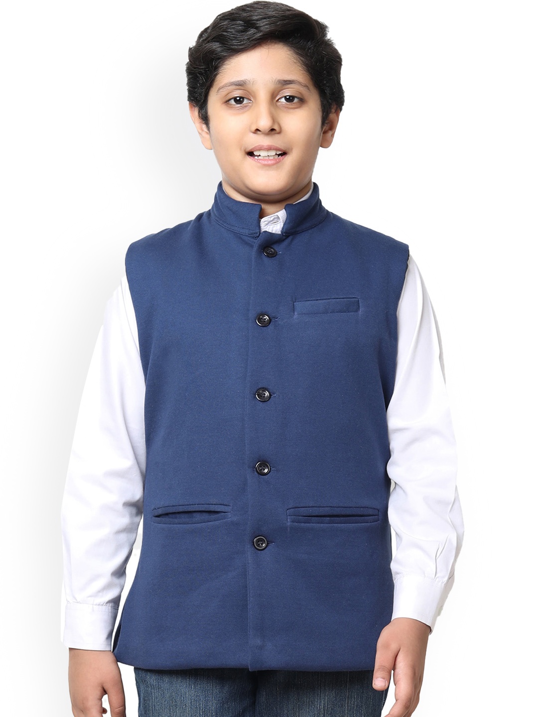 

IndiWeaves Boys Mandarin Collar Nehru Jacket, Navy blue
