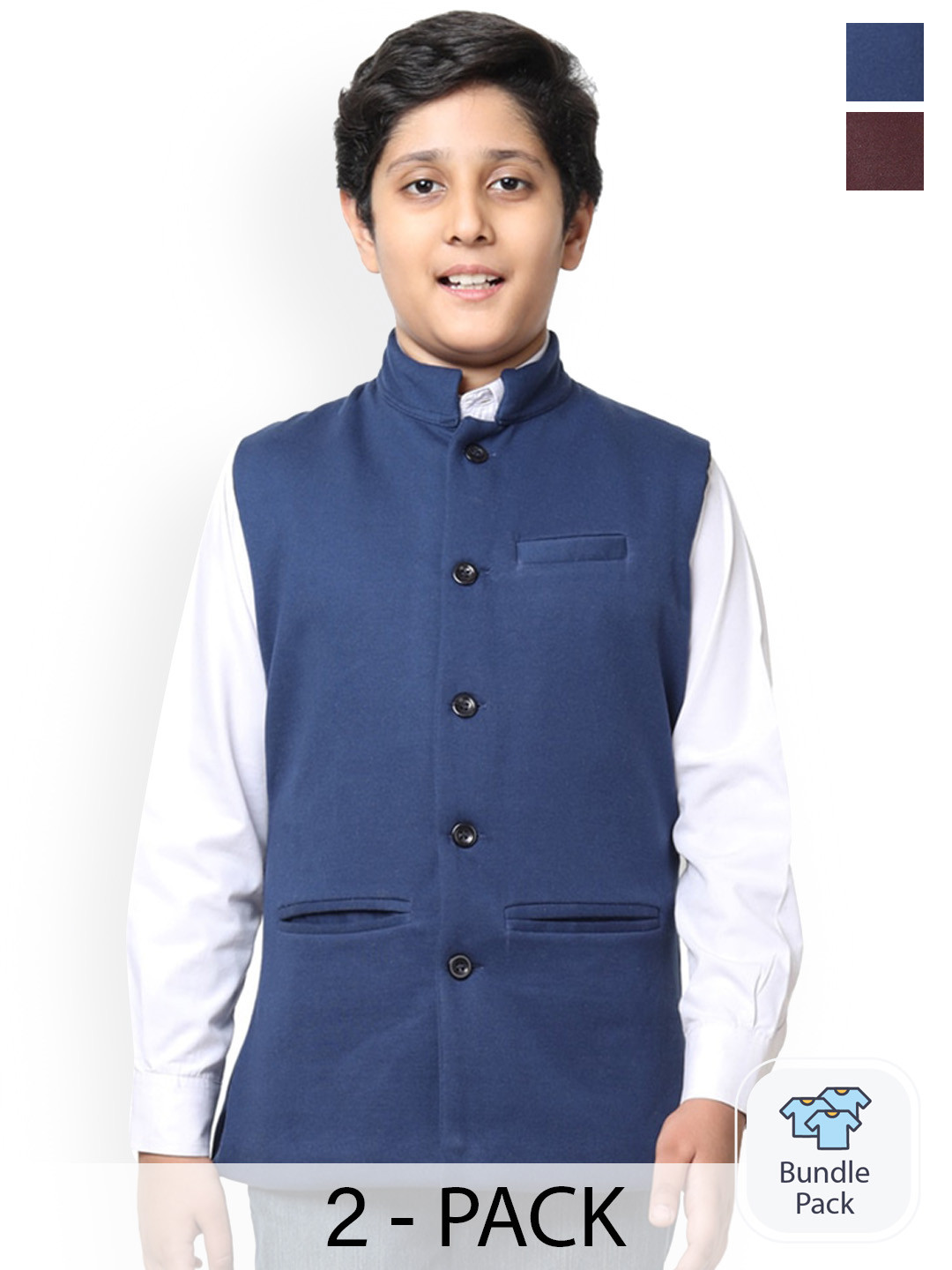 

IndiWeaves Boys Pack Of 2 Mandarin Collar Fleece Nehru Jacket, Teal