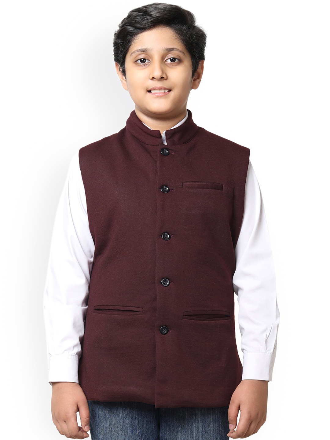 

IndiWeaves Boys Mandarin Collar Nehru Jacket, Maroon
