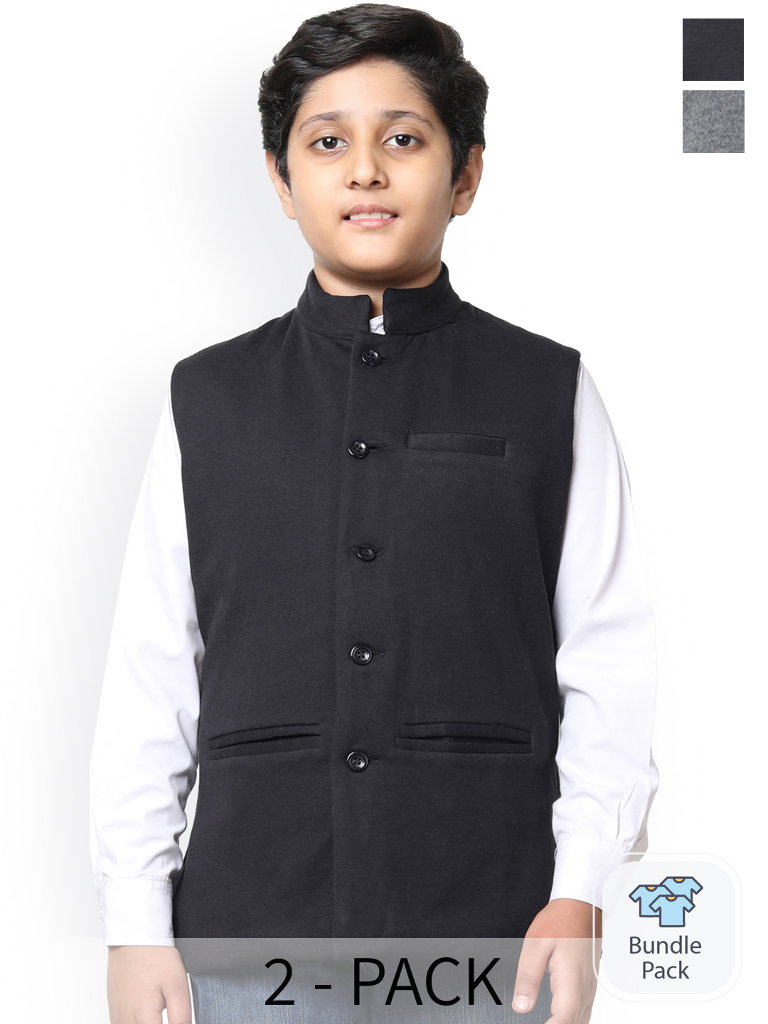

IndiWeaves Boys Pack Of 2 Mandarin Collar Fleece Nehru Jacket, Black